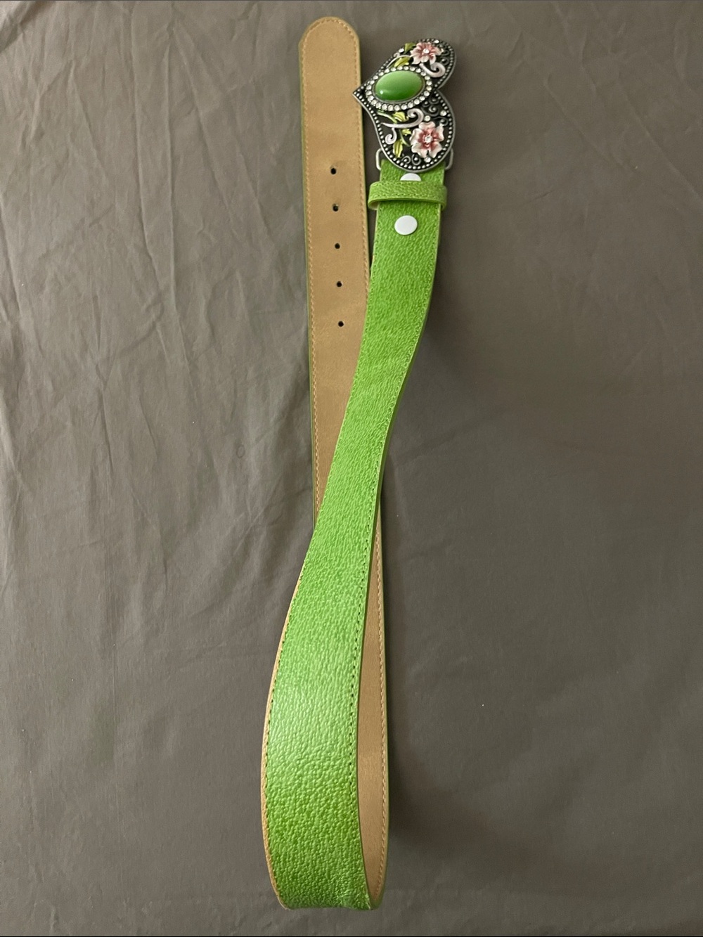Green Women's Leather Belt with Floral Stone Buckle